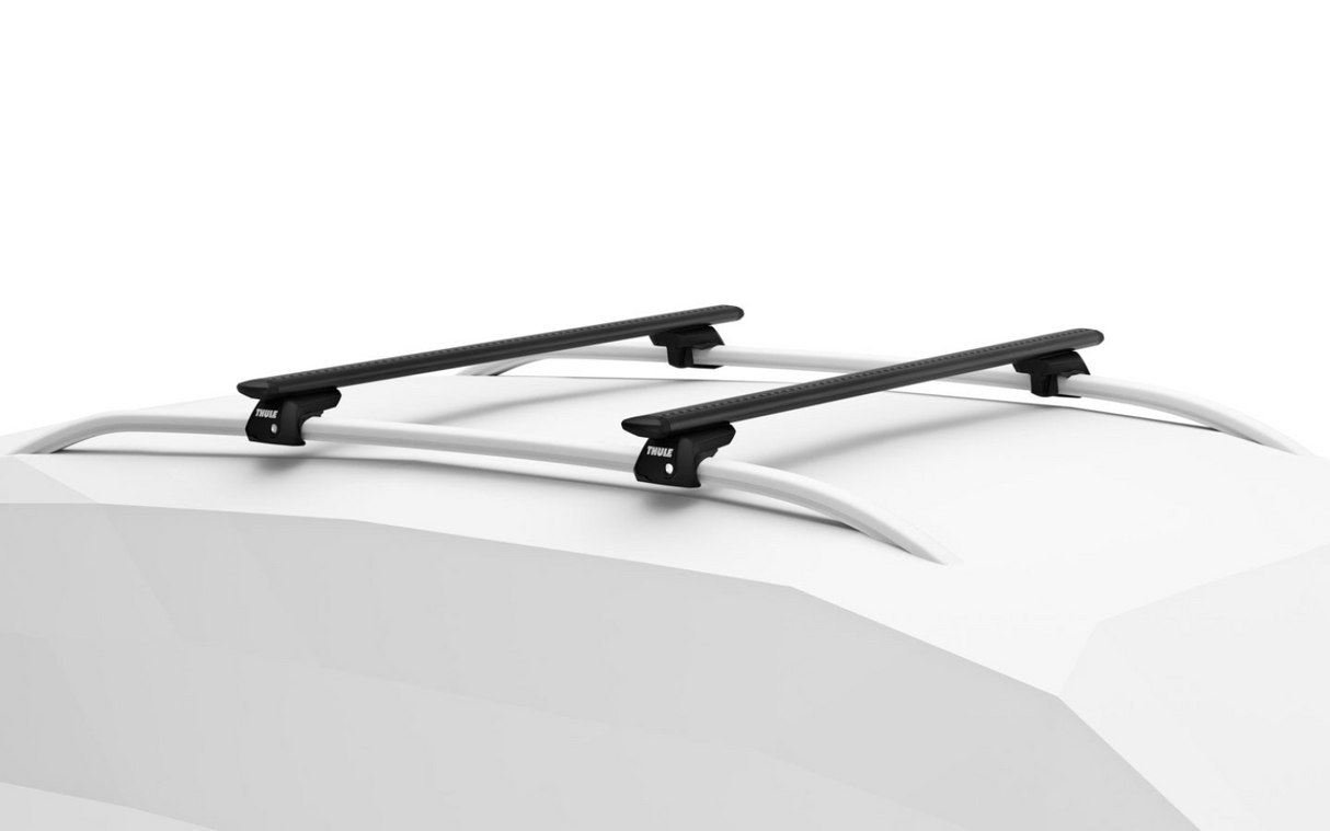 Thule 7104 raised rail roof bars with black Evo Wingbars to fit the ALFA ROMEO 156 Crosswagon 5-dr Estate, 2000 - 2007