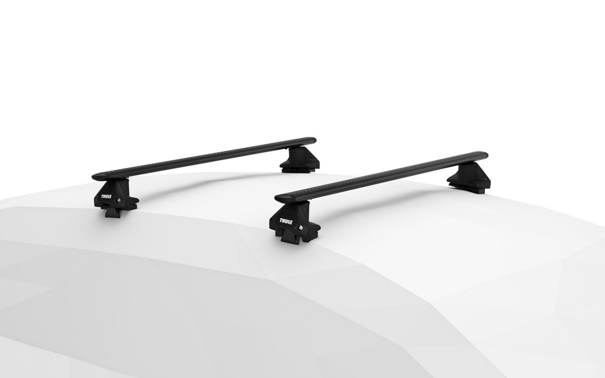 Black Thule WingBar Evo roof bars with 7104 footpack for the CHEVROLET New Onix 5-dr Hatchback, 2020 on roof rack